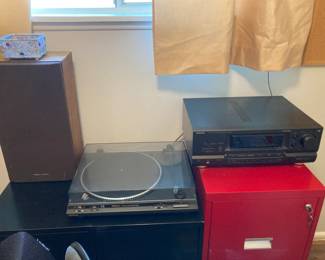File Cabinets, Technics Stereo, Record Player, and Speakers