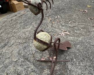 Recycled Metal and Stone Bird Sculpture