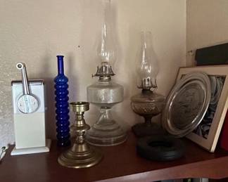 Collection of Vintage Oil Lamps, Brass Candlestick, and Cobalt Blue Bottle