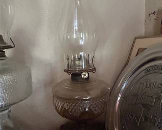 Collection of Vintage Oil Lamps, Brass Candlestick, and Cobalt Blue Bottle fifth image