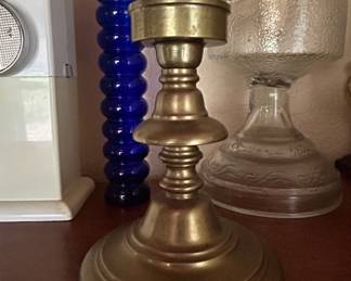 Collection of Vintage Oil Lamps, Brass Candlestick, and Cobalt Blue Bottle third image