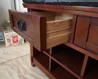 Mission Style Oak Hall Bench with Storage and Drawers fourth image