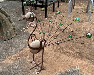Metal Rocking Peacock Yard Garden Ornament with Glass Accents
