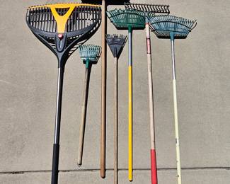 Lot # C18 - Garden Rakes and Broom Lot Ideal for Lawn and Leaf Cleanup