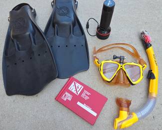 Lot # C97 - Body Glove Yellow Snorkel and Mask Set with Scuba Pro Black Fins & Scuba Club Dive Log With Flashlight