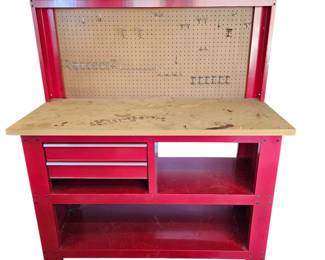 Lot # C46 - Stack-On Red Steel Workbench with Pegboard and Storage Drawers Heavy Duty Workshop Table