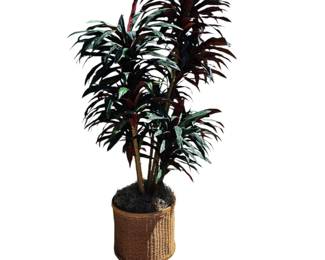 Lot # C6 - Vintage Mid-Century Bamboo Wicker Plant Stand with Lifelike Artificial Dieffenbachia Plant