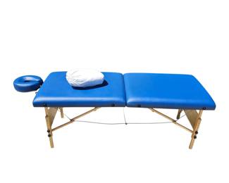 Lot # C11 - Master Massage Tables Portable Adjustable Wooden Frame Massage Table with Blue Upholstery, Face Cradle and Sheet