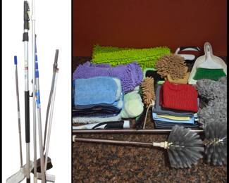 Lot # C179 - Durable Household Cleaning Tools and Utility Poles Lot with Variety of Brushes and Cloths