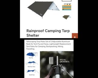 Lot # C72 - Unigear Rainproof Camping Tarp Shelter, Weanus Telescoping Tarp Poles, & Mesh Shade
