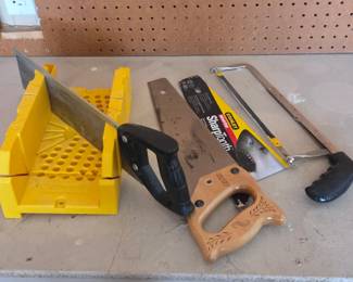 Lot # C26 - Stanley SharpTooth Handsaws with Vintage Stanley Wood Handle Saw and Heavy-Duty Yellow Miter Box