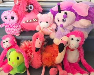Lot # C155 - Pink Plush Lot Including Flamingo, Pink Monkey, Pink Owl & More Collectible Stuffed Animals