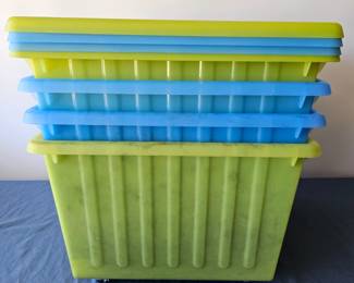 Lot # C12 - IKEA VESSLA Storage Crates with Casters in Blue and Green.