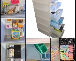Lot # C167 - Stack of 6 Plastic Storage Drawers with School & Art Supplies
