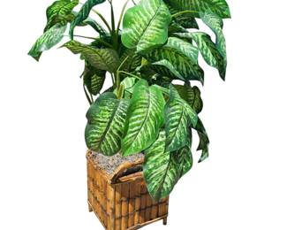 Lot # C6 - Vintage Mid-Century Bamboo Wicker Plant Stand with Lifelike Artificial Dieffenbachia Plant