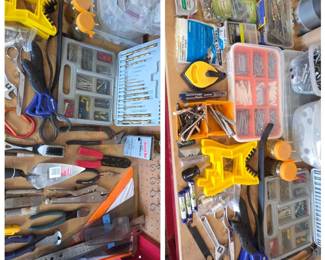 Lot # C42 - Huge Lot of Miscellaneous Tools and Hardware - Drill Bits, Nails, Wire Cutters, Speed Squares, Pliers & More