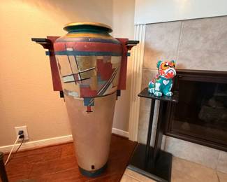 Stunning pair of Postmodern Memphis/Prairie School Architectural style floor vases, signed by artist, one is in as is condition!