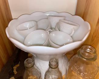 Vintage Milk Glass Punch Bowl Set W/ Bowl, Footed Base, & Cups