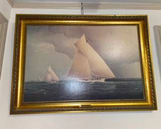 Antique Ship Painting In Gold Frame