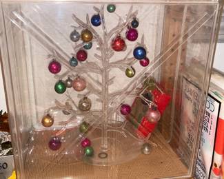 Vintage Acrylic Christmas Tree W/ Glass Ornaments & Case