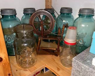 Antique Blue Glass Ball Jars W/ Original Tin Lids & Handmade Wooden Spinning Wheel From Cheese Box