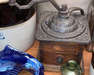 Antique Cast Iron & Wood Coffee Grinder W/ Dovetails
