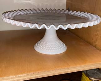 BEAUTIFUL Milk Glass Hobnail Ruffled Edge Cake Plate