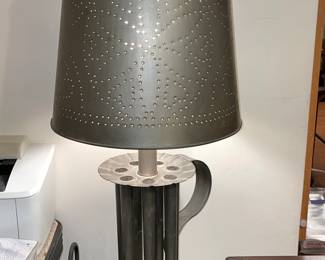 BEAUTIFUL Handmade Folk Art Lamp W/ Antique Candle Mold Base & Punch Tin Lamp Shade