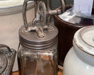 MINT Antique Butter Churn W/ Cast Iron Handled & Glass Jar