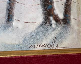 BEAUTIFUL Handpainted Enamel Winter Scene In Gold Frame (Signed)