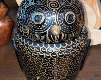 Handpainted Russian Black Lacquered Owl Cannister/Jar