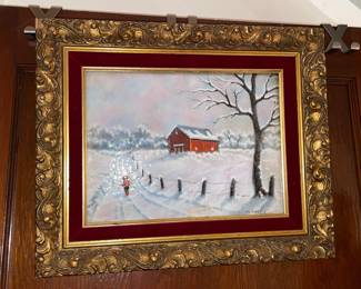 BEAUTIFUL Handpainted Enamel Winter Scene In Gold Frame (Signed)
