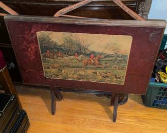 Antique Folding Table W/ Hunting Scene Artwork