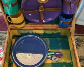 Vintage Wicker Picnic Basket with Colorful Melamine Dinnerware Set