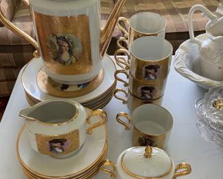 Bavarian Porcelain Tea Set with Courting Couple Figures and Gilt Accents