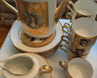 Vintage Porcelain Tea Set with Rococo-style Portraits and Gilt Trim