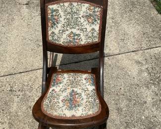 Victorian Walnut Folding Rocking Chair with Floral Upholstery