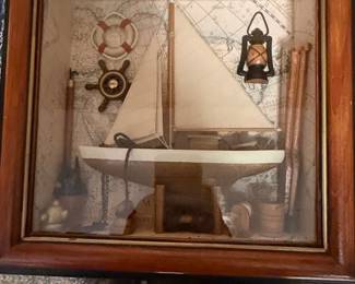 Vintage Nautical Shadow Box with Sailboat Diorama