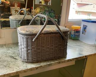 Vintage Wicker Sewing Basket with Upholstered Lid