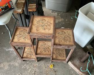 Vintage Wooden Plant Stand with Hand-Painted Mexican Tile Accents
