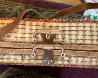 Vintage Wicker Picnic Basket with Colorful Melamine Dinnerware Set