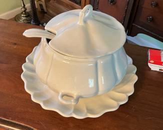 Vintage White Pumpkin Style Soup Tureen with Ladle and Underplate