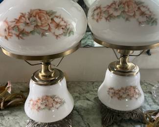 Pair of Vintage "Gone With The Wind" Style Floral Milk Glass Table Lamps