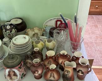 Assorted Vintage Porcelain Dinnerware with Floral Motifs and Portraiture Decorative Ceramics