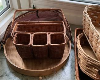 Woven Bamboo Serving Tray with Mesh Food Dome and Compartments