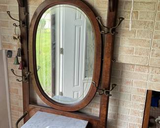 Victorian Walnut Hall Tree with Marble Top and Burl Veneer
