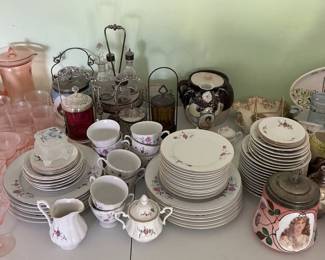 Assorted Vintage Porcelain Dinnerware with Floral Motifs and Portraiture Decorative Ceramics