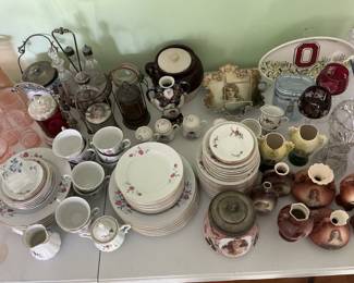 Assorted Vintage Porcelain Dinnerware with Floral Motifs and Portraiture Decorative Ceramics