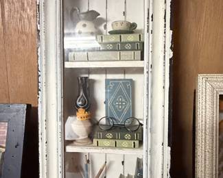 Distressed White Miniature Bookshelf Display with Accessories