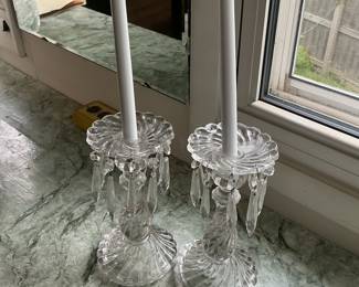 Pair of Crystal Glass Candlesticks with Prism Hangers